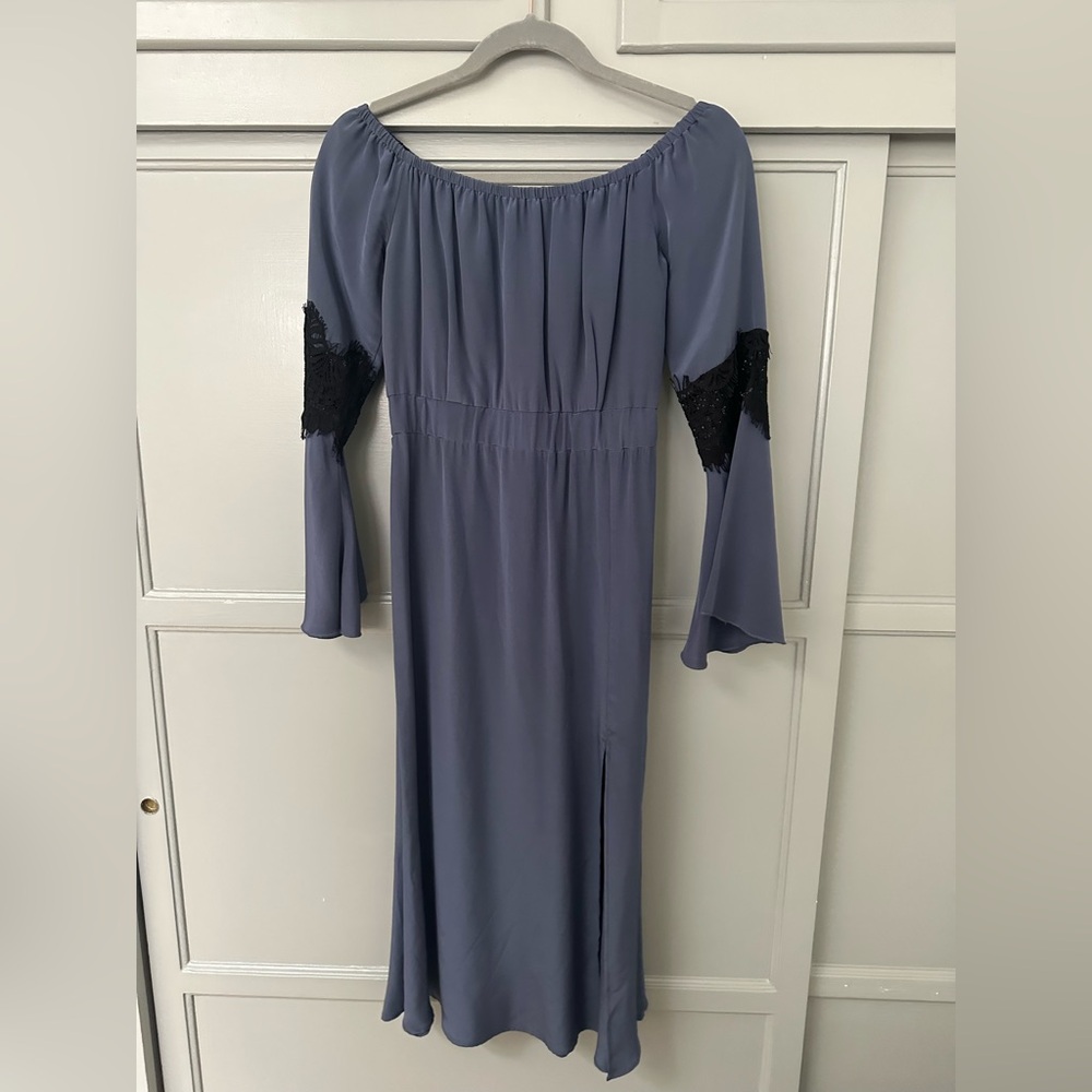 Stone Cold Fox Blue Off Shoulder Long Sleeve Dress with High Slit